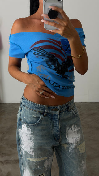GRAPHIC OFF THE SHOULDER TOP
