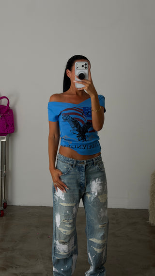 GRAPHIC OFF THE SHOULDER TOP